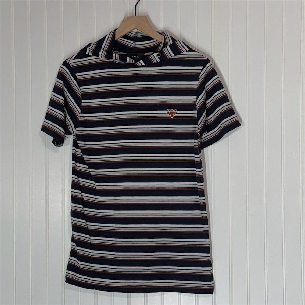 V.A.L.A. Mens M Striped Hoodie Tee Shirt Navy‎ Red Diamond Logo Short Sleeve Y2K